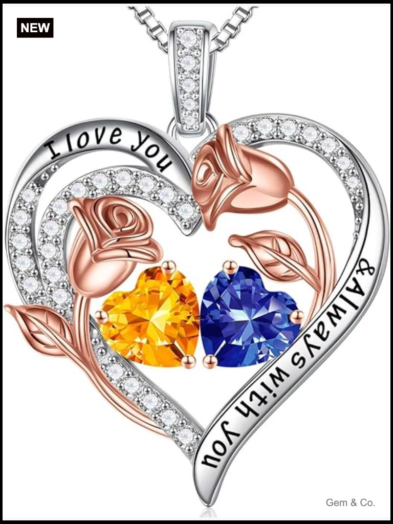 925 Sterling Silver Birthstone Pendant Necklace Heart I Love You